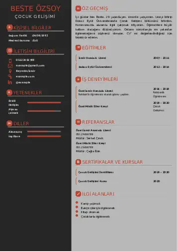 Çocuk Gelişimi Bölümü CV Örnekleri cv indir